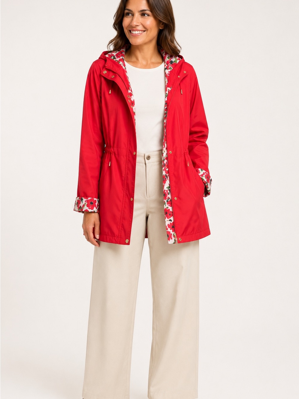 D.E.T.A.I.L.S INTL Women’s Red Hooded Raincoat with Floral Lining – Size L